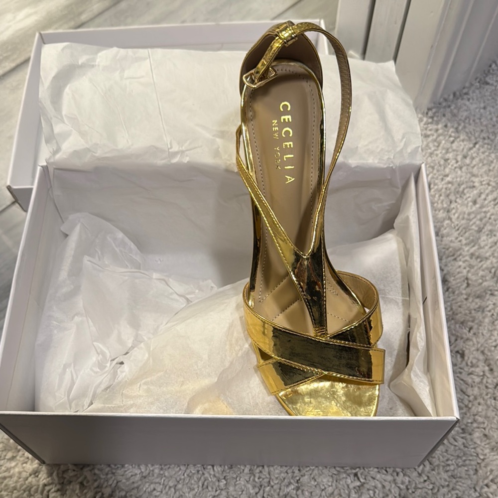 Cecelia New York Gold Stiletto Heels Sleek Slingback Sandals